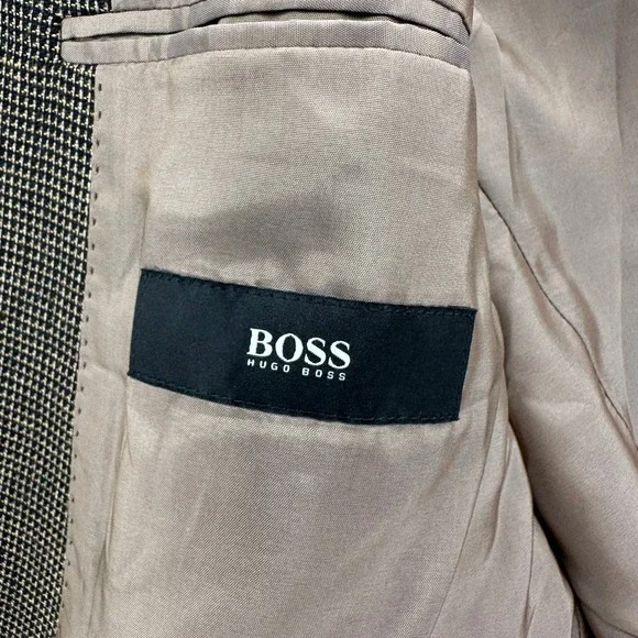 Hugo Boss Scorsese Blazer Jacket Mens 42L Brown Virgin Wool Micro Check 3 Button